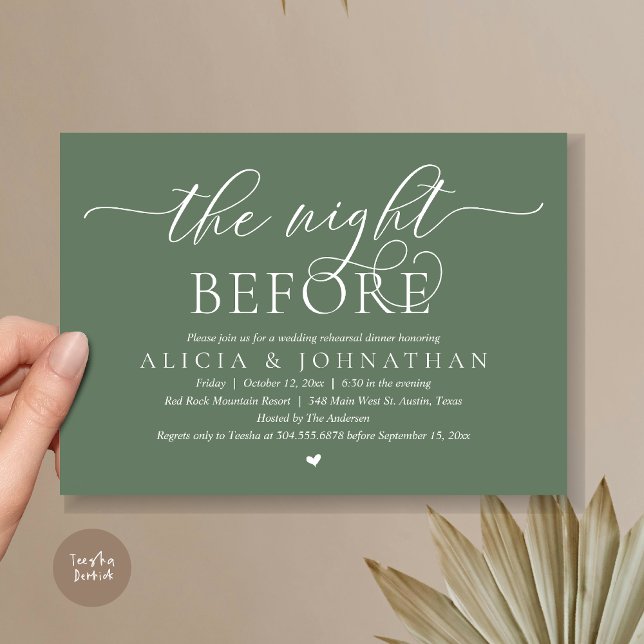 Convite Na Noite Anterior, Janto de Ensaio de Casamento Cl (The Night Before, Classy Romantic Wedding Rehearsal Dinner Invitation Card, PDF, Forest Sage Green)