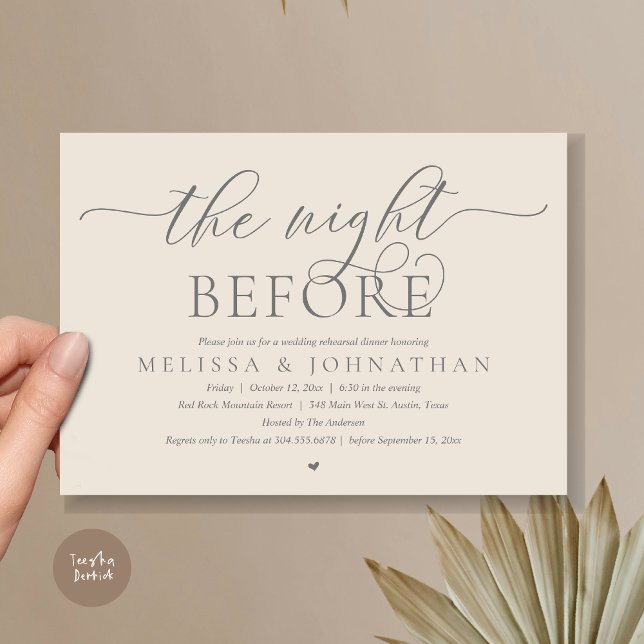 Convite Na Noite Anterior, Janto de Ensaio de Casamento Cl (The Night Before, Modern Wedding Rehearsal Dinner Romance Invitation Card, PDF, Cream Grey)