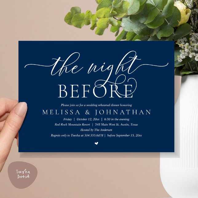 Convite Na Noite Anterior, Janto de Ensaio de Casamento Cl (The Night Before, Modern Wedding Rehearsal Dinner Romance Invitation Card, PDF, Blue Navy)
