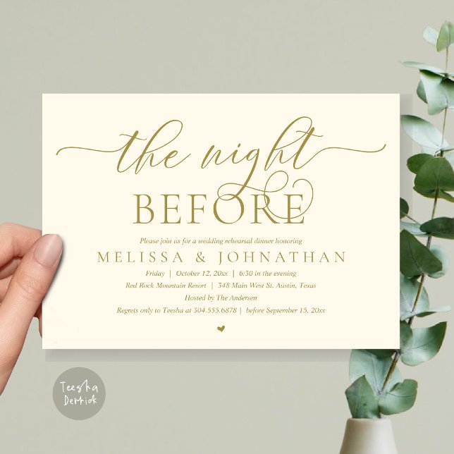 Convite Na Noite Anterior, Janto de Ensaio de Casamento Cl (The Night Before, Modern Wedding Rehearsal Dinner Romance Invitation Card, PDF, Yellow Gold)