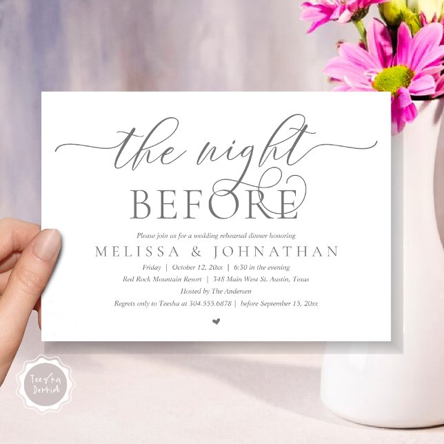 Convite Na Noite Anterior, Janto de Ensaio de Casamento Cl (The Night Before, Modern Wedding Rehearsal Dinner Romance Invitation Card, PDF, Dark Grey)