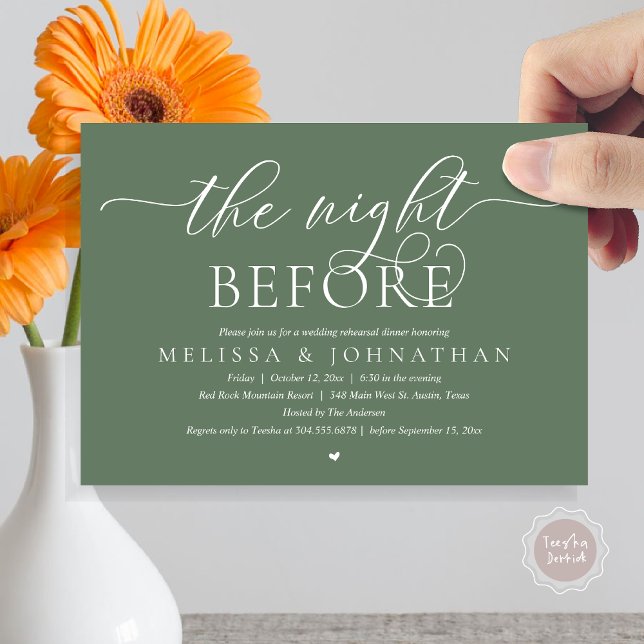 Convite Na Noite Anterior, Janto de Ensaio de Casamento Cl (The Night Before, Modern Wedding Rehearsal Dinner Romance Invitation Card, PDF, Forest Sage Green)