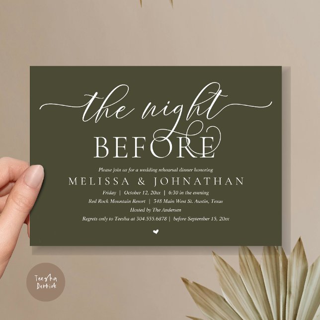 Convite Na Noite Anterior, Janto de Ensaio de Casamento Cl (The Night Before, Modern Wedding Rehearsal Dinner Romance Invitation Card, PDF, Olive Green)