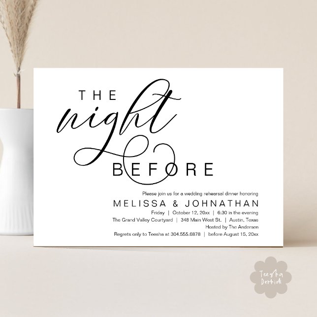 Convite Na Noite Anterior, Janto de Ensaio de Casamento Cl (The Night Before, Classy Romantic Wedding Rehearsal Dinner Invitation Card PDF Modern White Black)