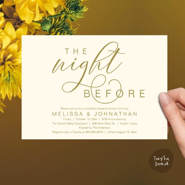 Convite Na Noite Anterior, Janto de Ensaio de Casamento Cl (The Night Before, Classy Romantic Wedding Rehearsal Dinner Invitation Card PDF Modern Yellow Gold)