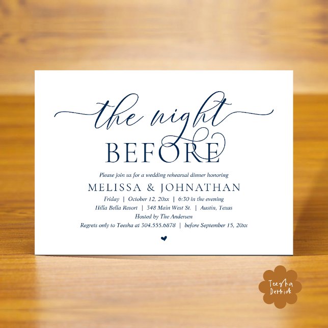 Convite Na Noite Anterior, Janto de Ensaio de Casamento Cl (The Night Before, Classy Wedding Rehearsal Dinner Invitation Card PDF Romantic Navy Blue)