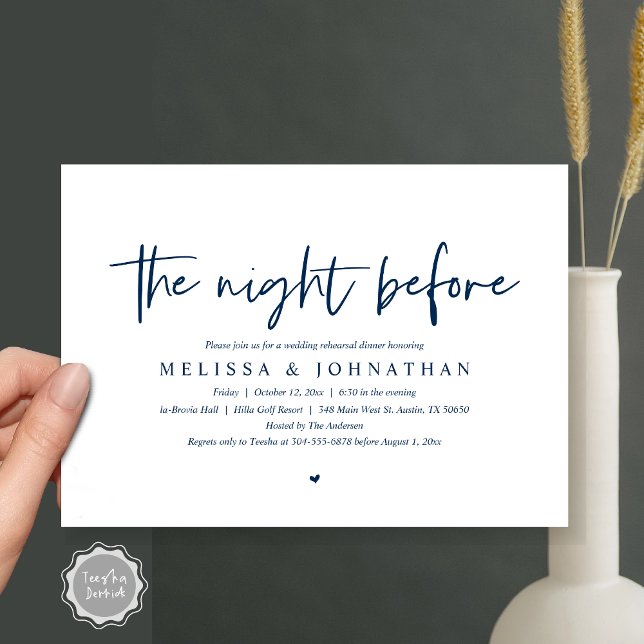 Convite Na Noite Anterior, Janto De Ensaio De Casamento Co (The Night Before, Wedding Rehearsal Dinner Invitation Card, Modern Casual Script, in Navy Blue)