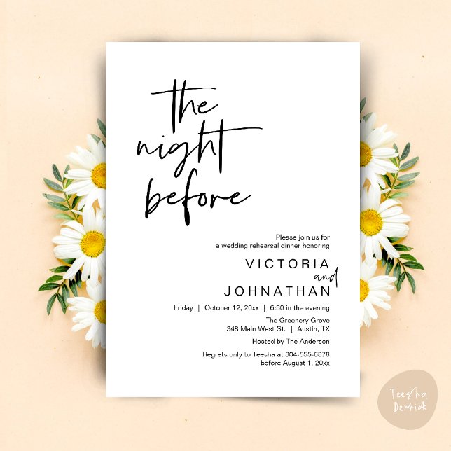 Convite Na Noite Anterior, Janto do Partido de Ensaio de C (The Night Before, Wedding Rehearsal Dinner Party Invites Card PDF Romantic Modern Casual Black White)