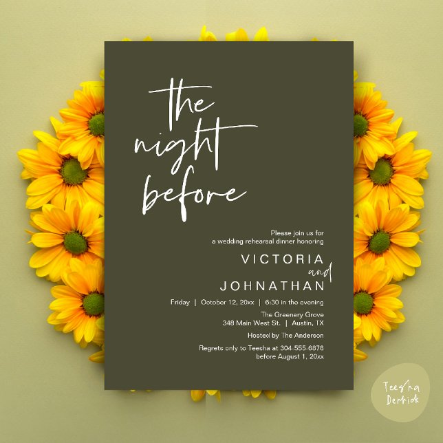Convite Na Noite Anterior, Janto do Partido de Ensaio de C (The Night Before, Wedding Rehearsal Dinner Party Invites Card PDF Romantic Modern Casual Olive Green)