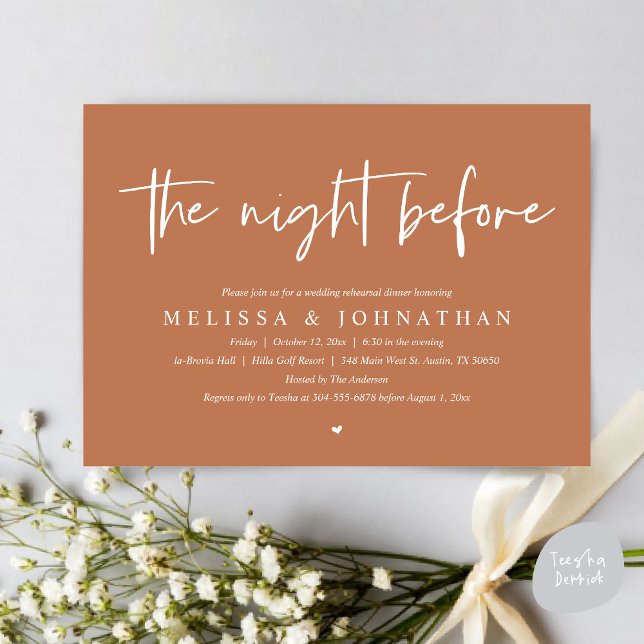 Convite Na Noite Anterior, Janto Moderno de Ensaio De Casa (The Night Before Wedding Rehearsal Dinner Invitation Card, PDF, Modern Minimalist Terracotta Brown)