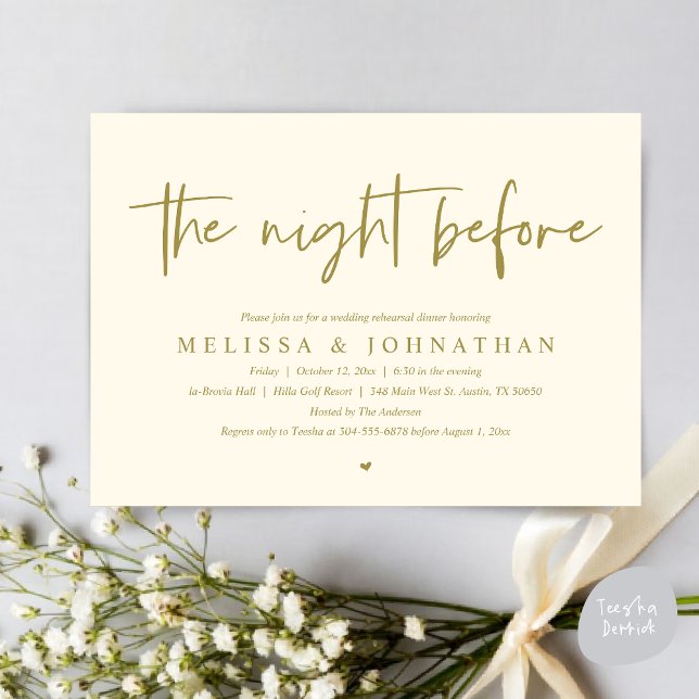 Convite Na Noite Anterior, Janto Moderno de Ensaio De Casa (The Night Before Wedding Rehearsal Dinner Invitation Card, PDF, Modern Minimalist Yellow Gold)