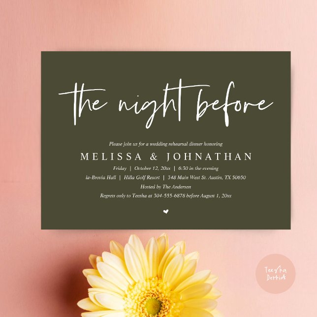 Convite Na Noite Anterior, Janto Moderno de Ensaio De Casa (The Night Before Wedding Rehearsal Dinner Invitation Card, PDF, Modern Minimalist Olive Green)