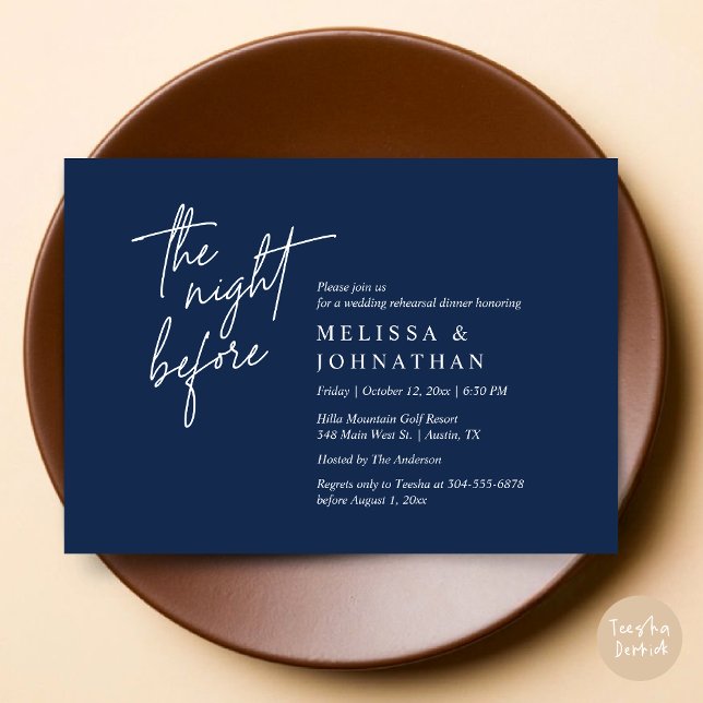 Convite Na Noite Anterior, Janto Moderno de Ensaio De Casa (The Night Before, Modern Wedding Rehearsal Dinner Modern Invitation Card, PDF, in Navy Blue)