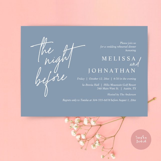 Convite Na Noite Anterior, Janto Moderno de Ensaio De Casa (The Night Before, Modern Wedding Rehearsal Dinner Modern Invitation Card, PDF, in Dusty Blue)