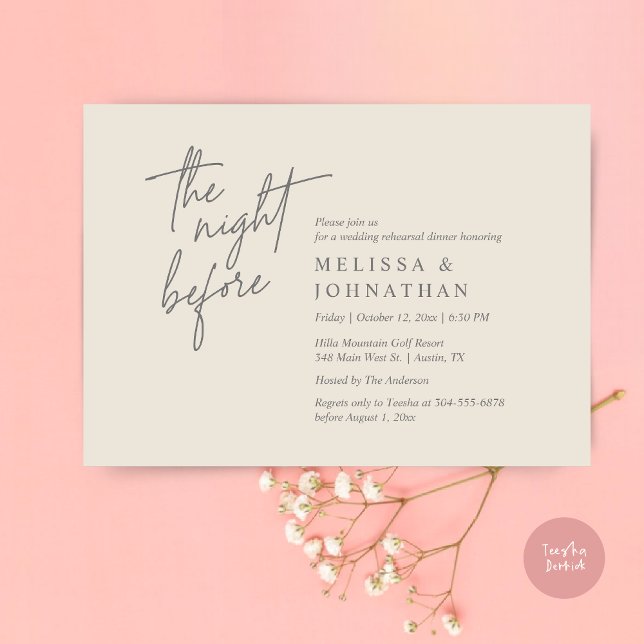 Convite Na Noite Anterior, Janto Moderno de Ensaio De Casa (The Night Before, Modern Wedding Rehearsal Dinner Modern Invitation Card, PDF, in Cream Dark Grey)