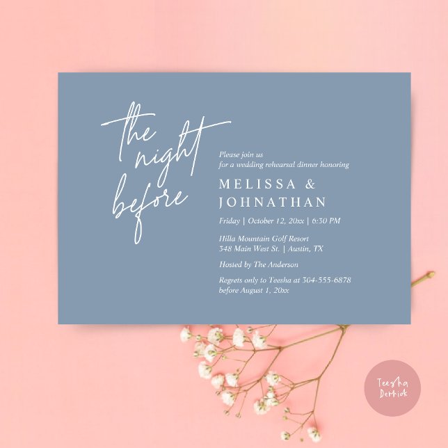 Convite Na Noite Anterior, Janto Moderno de Ensaio De Casa (The Night Before, Modern Wedding Rehearsal Dinner Modern Invitation Card, PDF, in Dusty Blue)