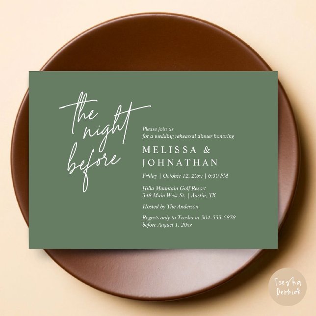Convite Na Noite Anterior, Janto Moderno de Ensaio De Casa (The Night Before, Modern Wedding Rehearsal Dinner Modern Invitation Card, PDF, in Forest Sage Green)