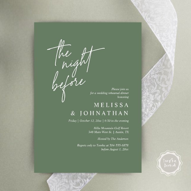 Convite Na Noite Anterior, Janto Moderno de Ensaio De Casa (The Night Before, Modern Wedding Rehearsal Dinner Modern Invitation Card, PDF, in Forest Sage Green)
