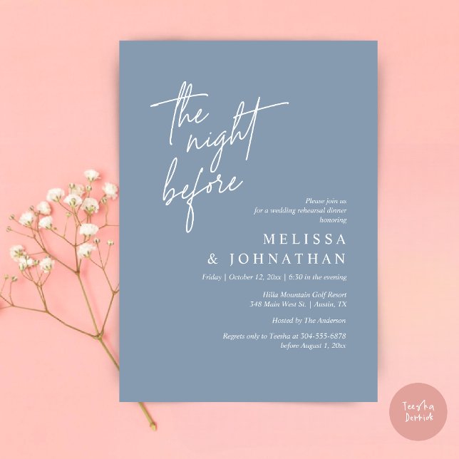 Convite Na Noite Anterior, Janto Moderno de Ensaio De Casa (The Night Before, Modern Wedding Rehearsal Dinner Modern Invitation Card, PDF, in Dusty Blue)