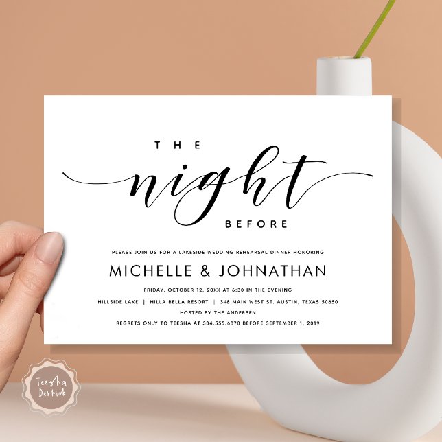 Convite Na Noite Anterior, Janto Moderno de Ensaio De Casa (The Night Before, Modern Wedding Rehearsal Dinner Invitation Card, Printed and File, in Black White.)