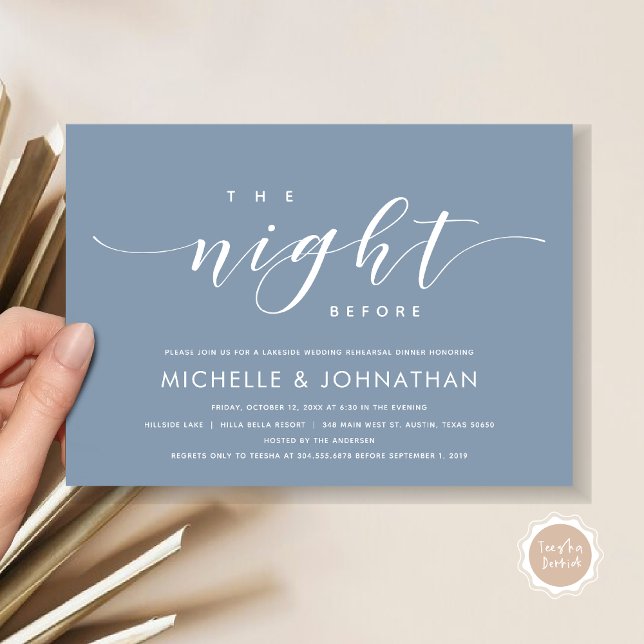 Convite Na Noite Anterior, Janto Moderno de Ensaio De Casa (The Night Before, Modern Wedding Rehearsal Dinner Invitation Card, in Dusty Blue)