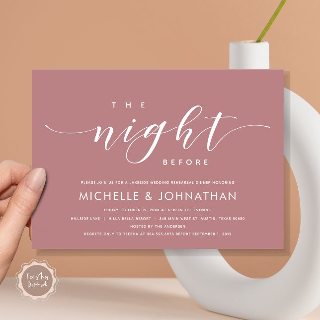 Convite Na Noite Anterior, Janto Moderno de Ensaio De Casa (The Night Before, Modern Wedding Rehearsal Dinner Invitation Card, in Dusty Rose Retro Boho Pink.)