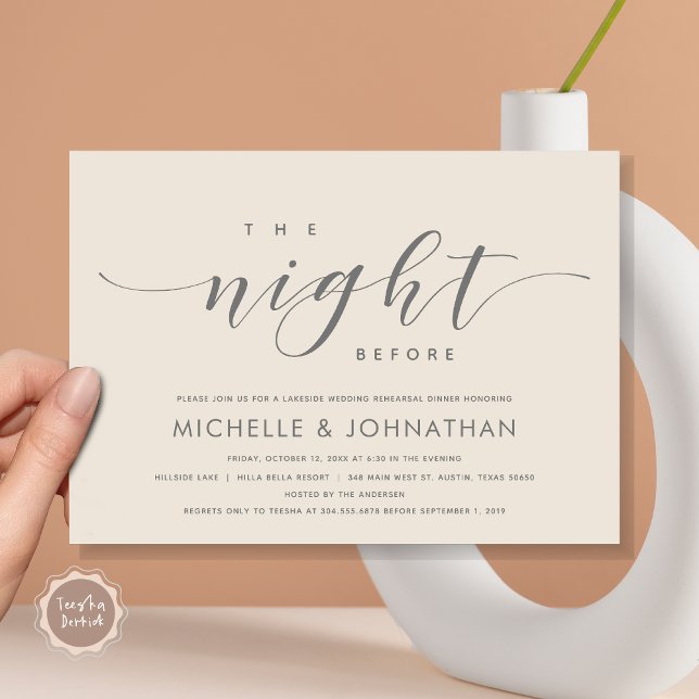 Convite Na Noite Anterior, Janto Moderno de Ensaio De Casa (The Night Before, Modern Wedding Rehearsal Dinner Invitation Card, Printed and File, in Grey Cream.)