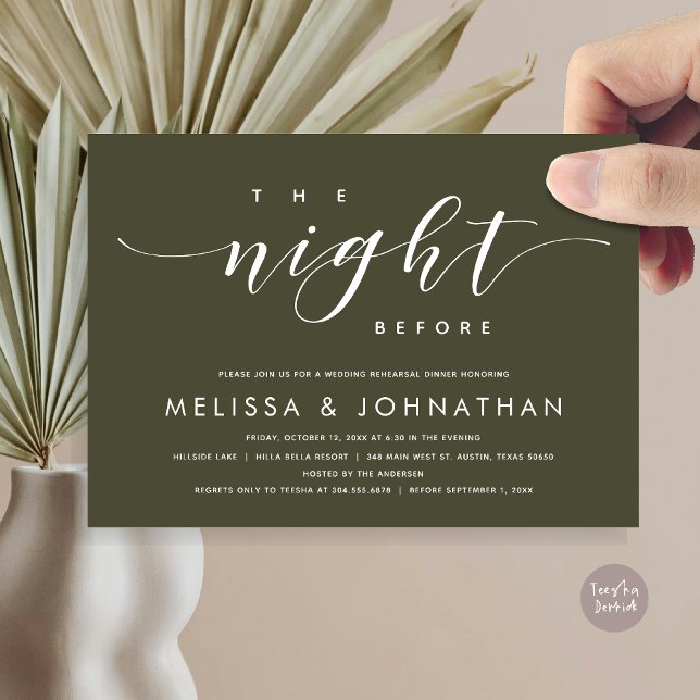 Convite Na Noite Anterior, Janto Moderno de Ensaio De Casa (The Night Before, Modern Wedding Rehearsal Dinner Invitation Card, PDF, in Olive Sage Green)