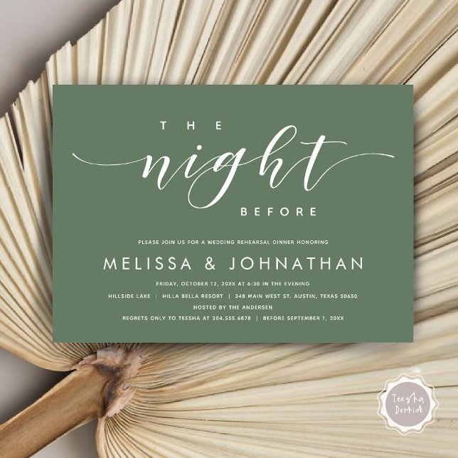 Convite Na Noite Anterior, Janto Moderno de Ensaio De Casa (The Night Before, Modern Wedding Rehearsal Dinner Invitation Card, PDF, in Forest Sage Green)