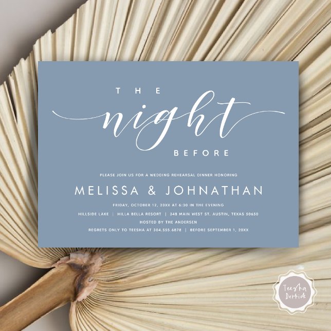Convite Na Noite Anterior, Janto Moderno de Ensaio De Casa (The Night Before, Modern Wedding Rehearsal Dinner Invitation Card, PDF, in Dusty Blue)