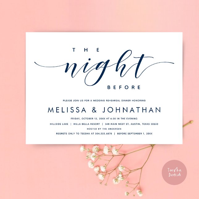 Convite Na Noite Anterior, Janto Moderno de Ensaio De Casa (The Night Before, Modern Wedding Rehearsal Dinner Invitation Card, PDF, in Classy Navy Blue)