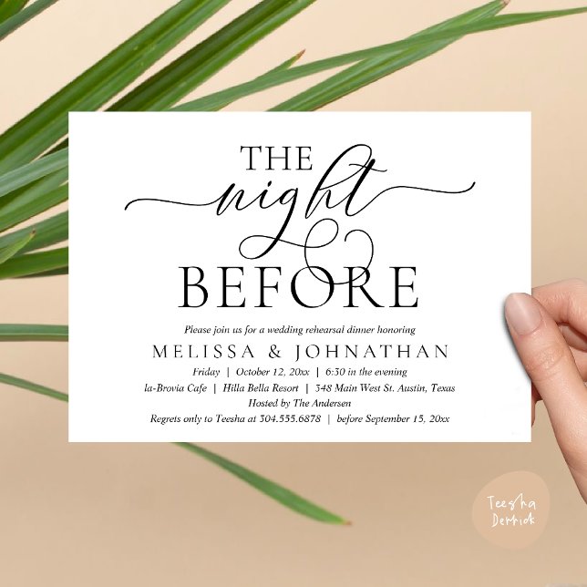 Convite Na Noite Anterior, Janto Moderno de Ensaio De Casa (The Night Before, Modern Wedding Rehearsal Dinner Party Invitation Card, PDF, Black white)