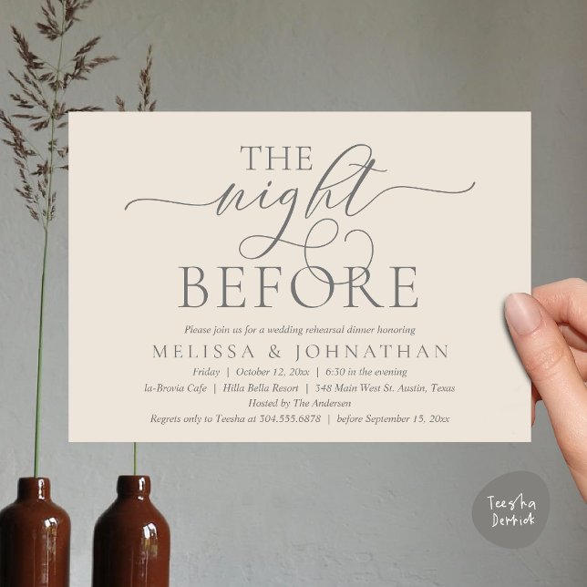 Convite Na Noite Anterior, Janto Moderno de Ensaio De Casa (The Night Before, Modern Wedding Rehearsal Dinner Party Invitation Card, PDF, Cream Grey)