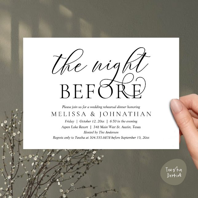Convite Na Noite Anterior, Janto Moderno de Ensaio De Casa (The Night Before, Modern Wedding Rehearsal Dinner Invitation Card, PDF, Classy Elegant, White Black)