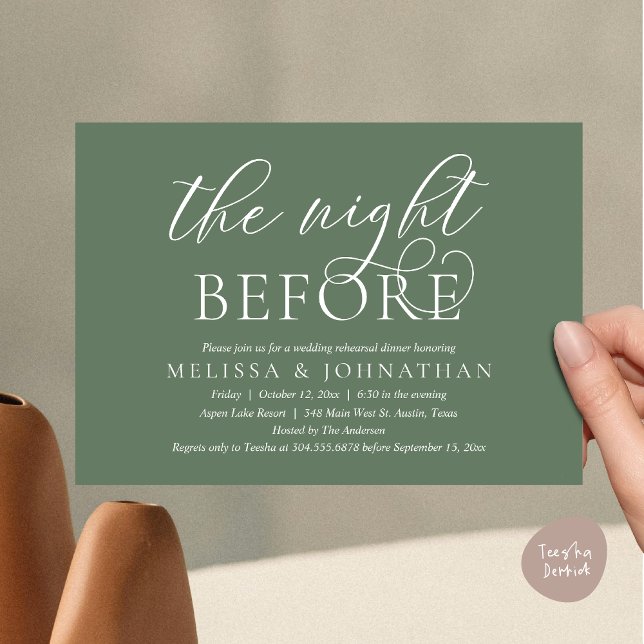 Convite Na Noite Anterior, Janto Moderno de Ensaio De Casa (The Night Before, Modern Wedding Rehearsal Dinner Invitation Card, PDF, Classy Elegant Greenery sage)