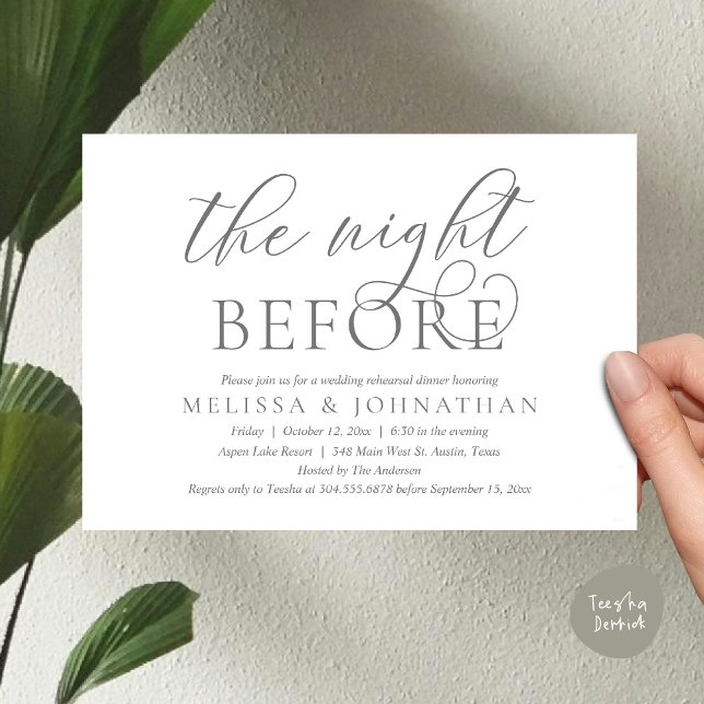 Convite Na Noite Anterior, Janto Moderno de Ensaio De Casa (The Night Before, Modern Wedding Rehearsal Dinner Invitation Card, PDF, Classy Elegant, Dark Grey)