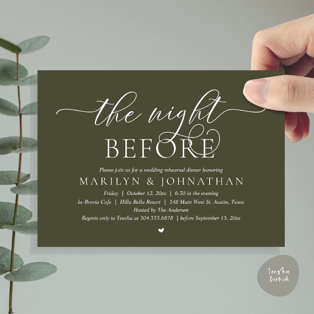 Convite Na Noite Anterior, Janto Perfeito De Ensaio De Cas (The Night Before, Perfect Wedding Rehearsal Dinner Modern Classy Invitation Card, PDF, Olive Green)