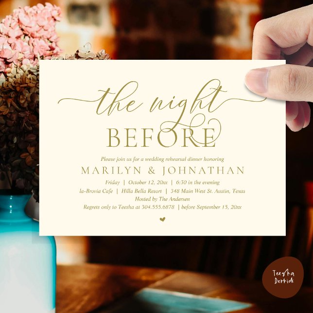 Convite Na Noite Anterior, Janto Perfeito De Ensaio De Cas (The Night Before, Perfect Wedding Rehearsal Dinner Modern Classy Invitation Card, PDF, Yellow Gold)