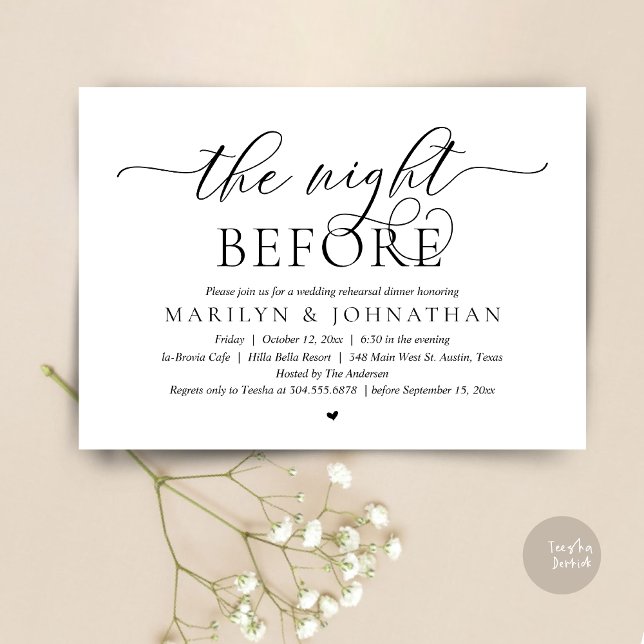 Convite Na Noite Anterior, Janto Perfeito De Ensaio De Cas (The Night Before, Perfect Wedding Rehearsal Dinner Modern Classy Invitation Card, PDF, Black White)