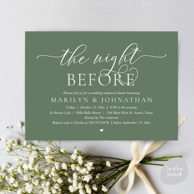 Convite Na Noite Anterior, Janto Perfeito De Ensaio De Cas (The Night Before, Perfect Wedding Rehearsal Dinner Modern Classy Invitation Card, PDF, Sage Green)