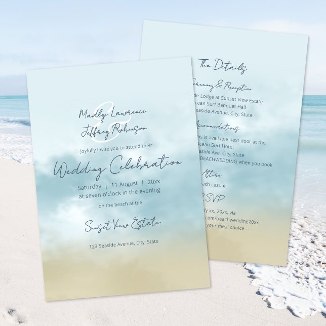 Convite Na praia do surf oceânico, tudo em um casamento (front & back - combination invitation plus details card - easily add a QR code with Z design tool)