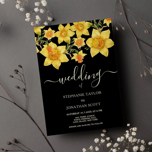 Convite Nabo floral amarelo-negro (Black yellow orange daffodils floral wedding)