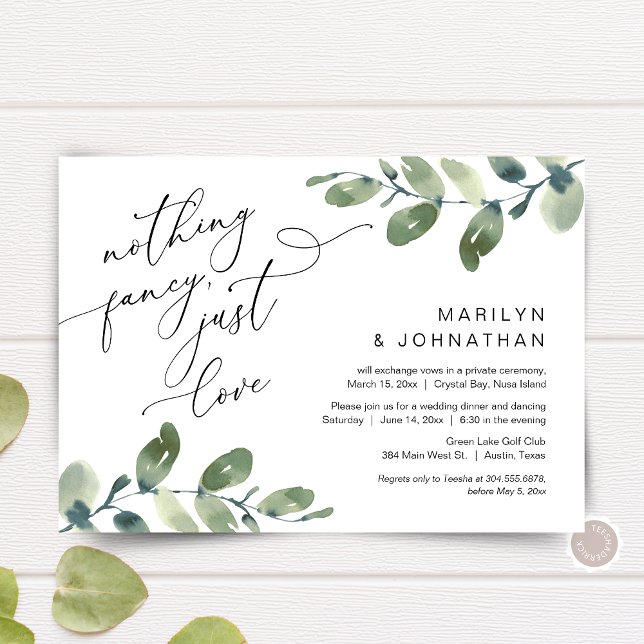 Convite Nada de Fantasia, Apenas Amor Casamento Furtivo Ja (Nothing Fancy, Just Love, post Wedding Elopement Dinner Invitation, in Eucalyptus Greenery themed)