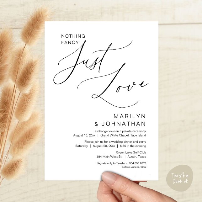 Convite Nada de Fantasia, Apenas Amor, Jantar de Casamento (Nothing Fancy, Just Love, Wedding Elopement Dinner Brunch Lunch Party Invites Card PDF, Black White)