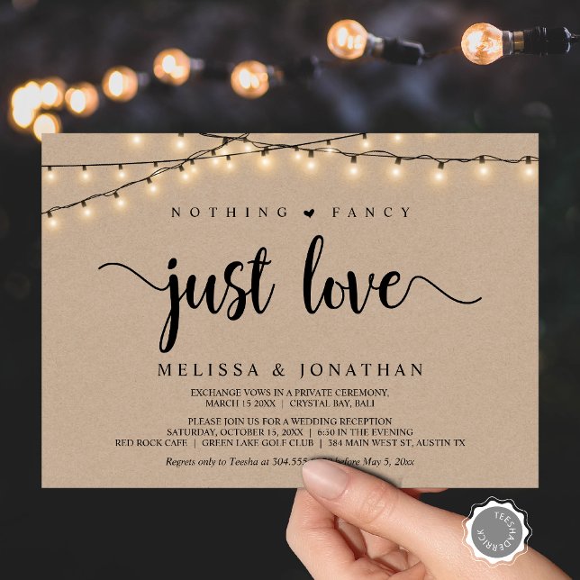 Convite Nada de Fantasia, Apenas Amor, Luzes de Corda Casa (Nothing Fancy, Just Love, Wedding Elopement Invitation Card, String Lights Brown Kraft, Downloadable)