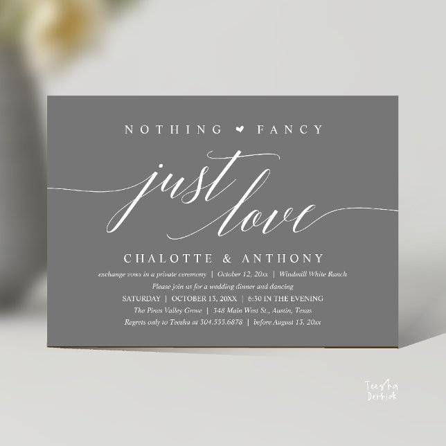 Convite Nada de Fantasia, Apenas Amor, Recepção Moderna e  (Modern Classy Nothing Fancy, Just Love, Wedding Reception Dinner Invitation Card in Dark Grey)