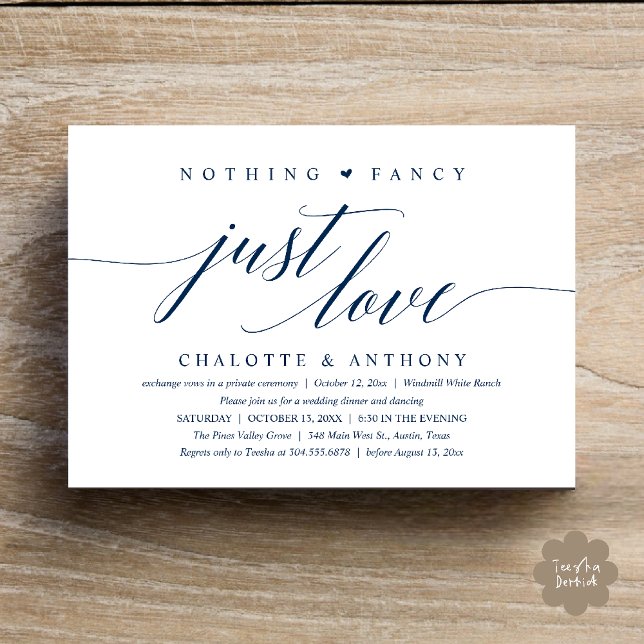 Convite Nada de Fantasia, Apenas Amor, Recepção Moderna e  (Modern Classy Nothing Fancy, Just Love, Wedding Reception Dinner Invitation Card in Navy Blue)