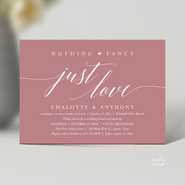 Convite Nada de Fantasia, Apenas Amor, Recepção Moderna e  (Modern Classy Nothing Fancy, Just Love, Wedding Reception Dinner Invitation Card in Dusty Rose Pink)