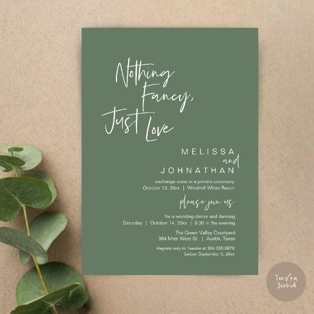 Convite Nada de Fantasia Só Amor, Jantar de Casamento Mode (Nothing Fancy Just Love, Modern Wedding Reception Dinner Lunch Brunch Invites Card in Sage Green)