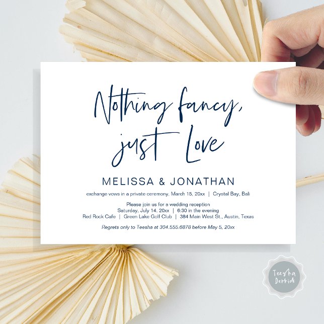 Convite Nada De Fncy Só Amor, Festa De Elopemento De Casam (Nothing Fancy Just Love, Wedding Elopement Dinner Party Invitation Card, PDF, Modern, Navy Blue)